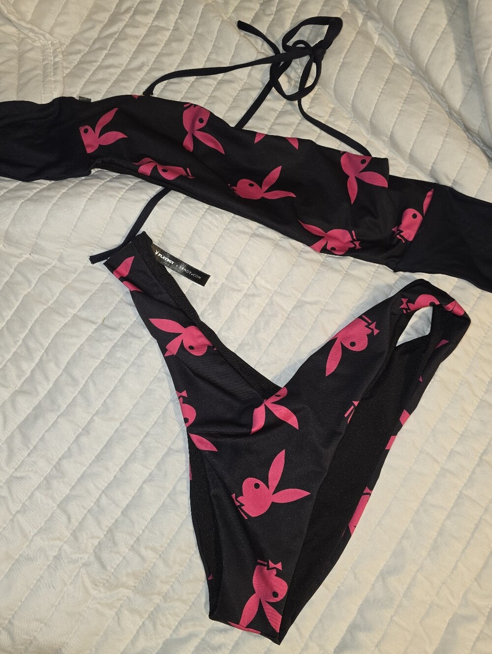 PLAYBOY Black Bikini Set with Hot Pink Bunny Print